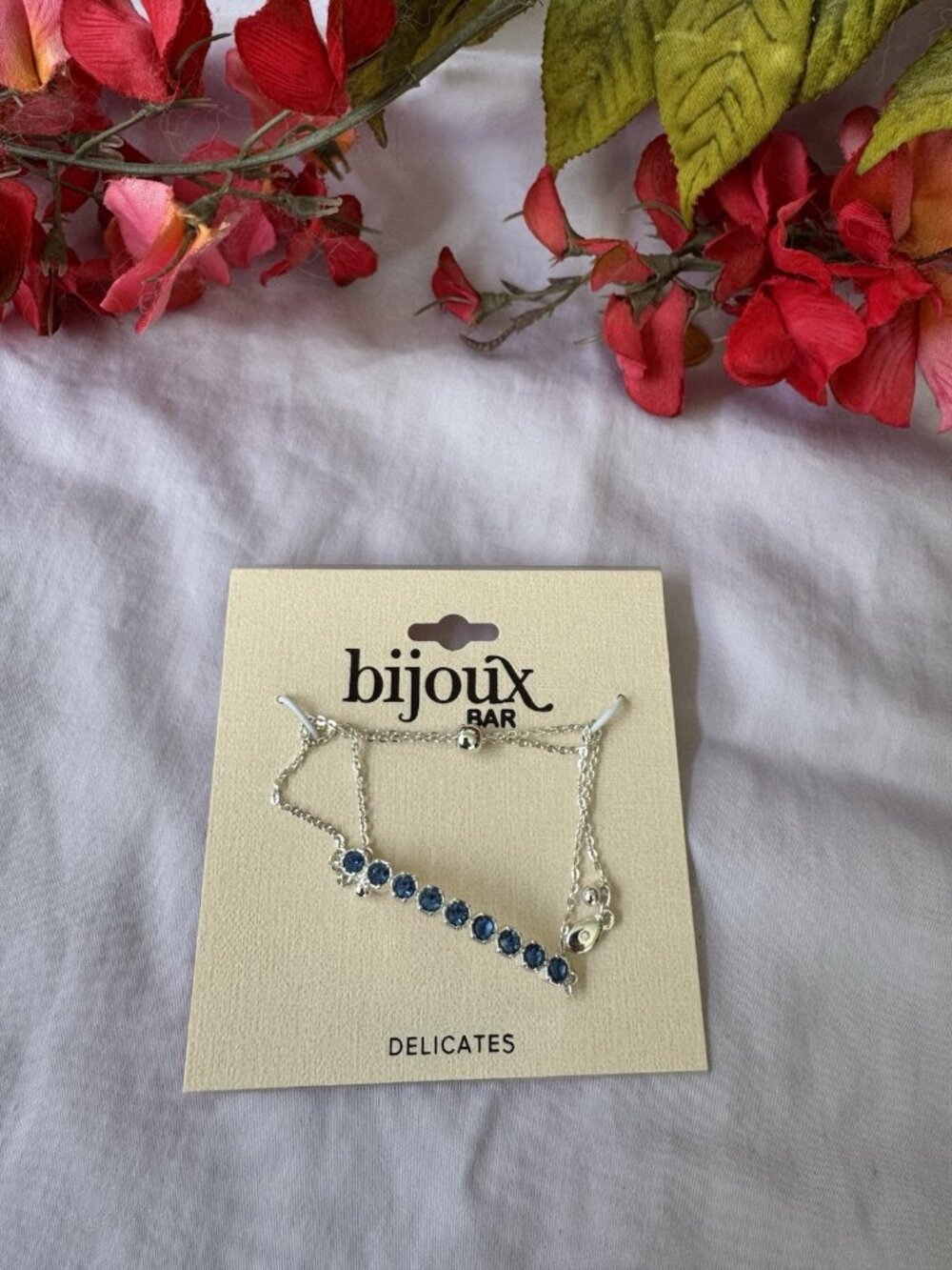 Bijoux Bar Delicates Dainty Silvertone Slide Bracelet Blue Stones NEW